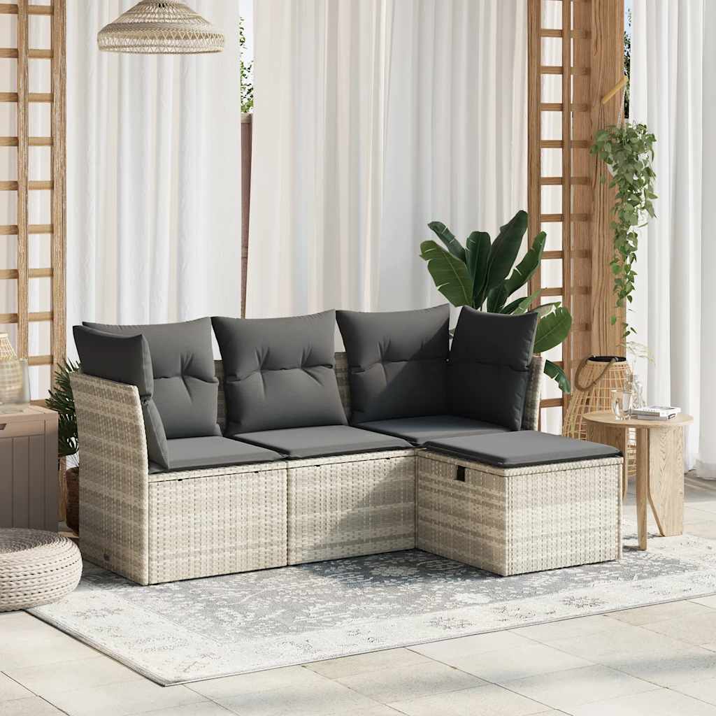 Set Divano da Giardino 4 pz con Cuscini-Sofa da Giardino-Divanetto da esterno Grigio Chiaro Polyrattan 953621