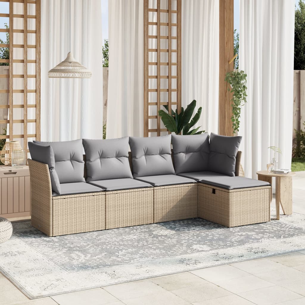 Set Divano da Giardino 5 pz con Cuscini-Sofa da Giardino-Divanetto da esterno Beige Misto Polyrattan 491703