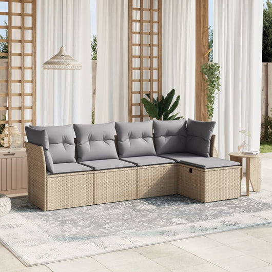 Set Divano da Giardino 5 pz con Cuscini-Sofa da Giardino-Divanetto da esterno Beige Misto Polyrattan 491703