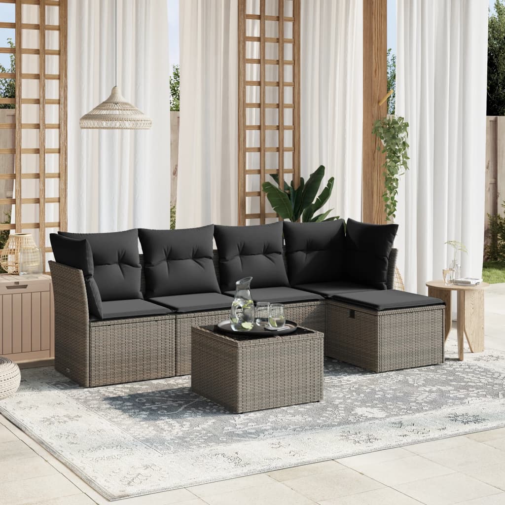 Set Divano da Giardino 6 pz con Cuscini Grigio in Polyrattan
