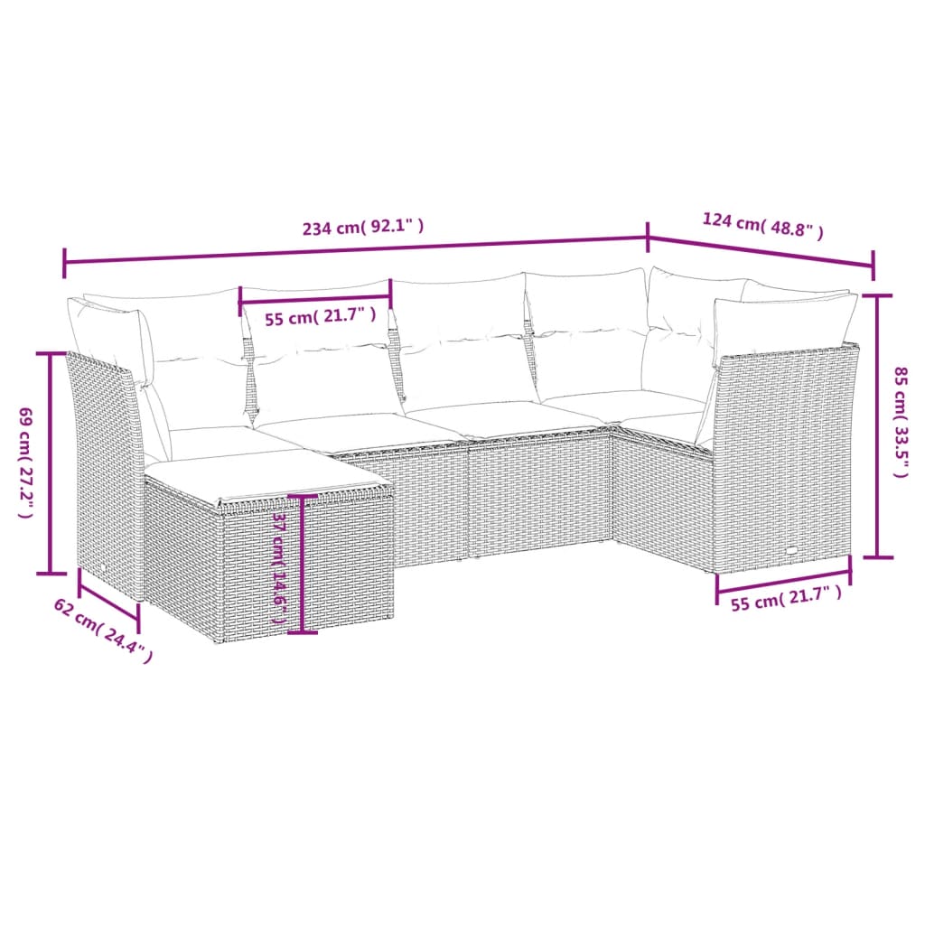 Set Divano da Giardino 6pz con Cuscini Grigio Chiaro Polyrattan