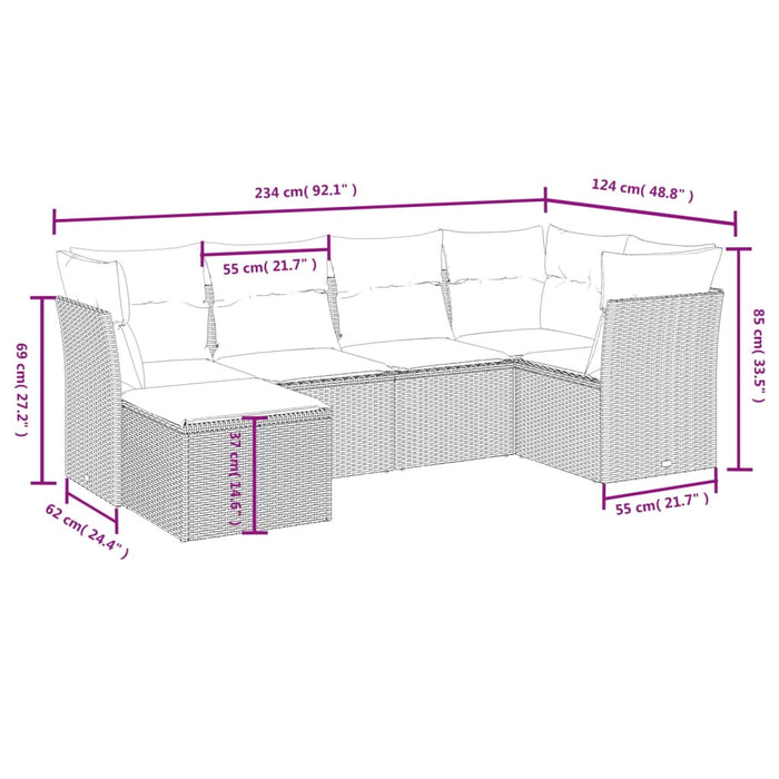 Set Divano da Giardino 6pz con Cuscini Grigio Chiaro Polyrattan
