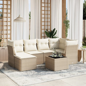Set Divani da Giardino 7 pz con Cuscini Beige in Polyrattan