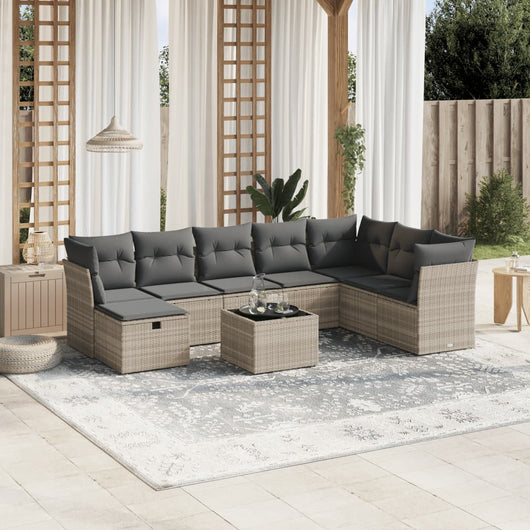 Set Divano da Giardino 9pz con Cuscini Grigio Chiaro Polyrattan