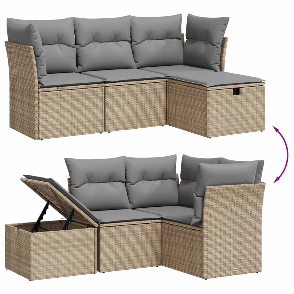 Set Divano da Giardino 4 pz con Cuscini-Sofa da Giardino-Divanetto da esterno Beige Misto Polyrattan 304116