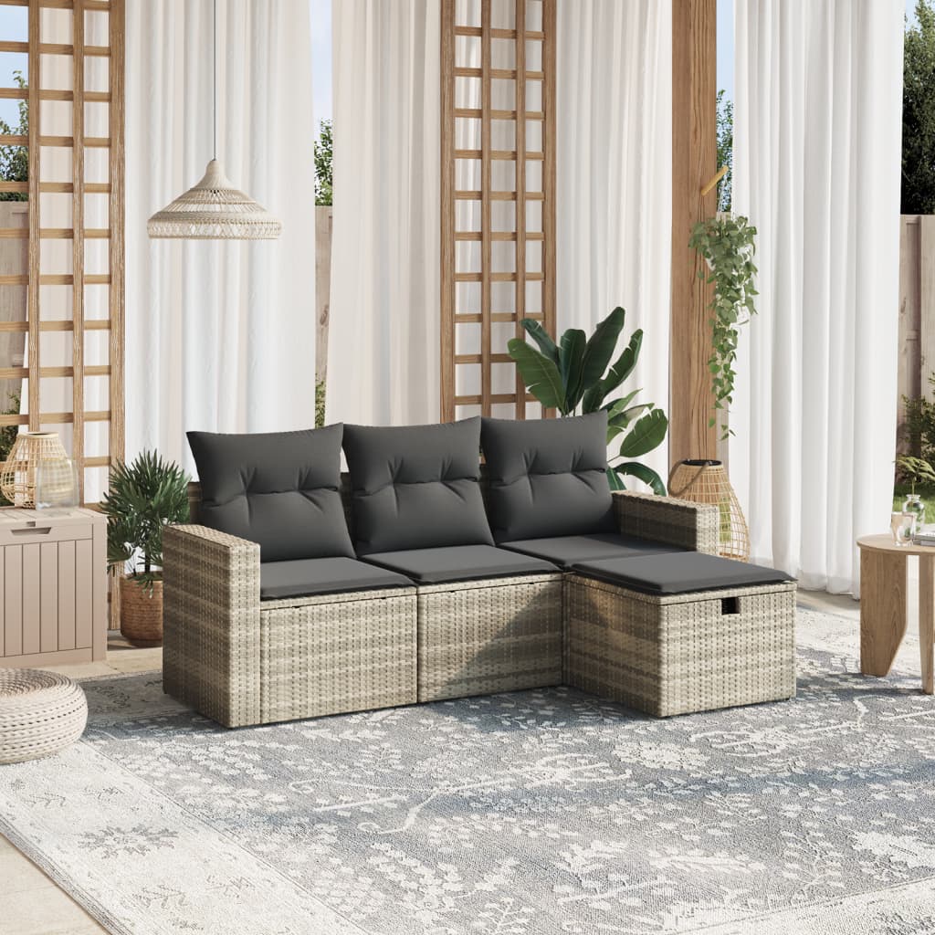Set Divano da Giardino 4 pz con Cuscini-Sofa da Giardino-Divanetto da esterno Grigio Chiaro Polyrattan 326540
