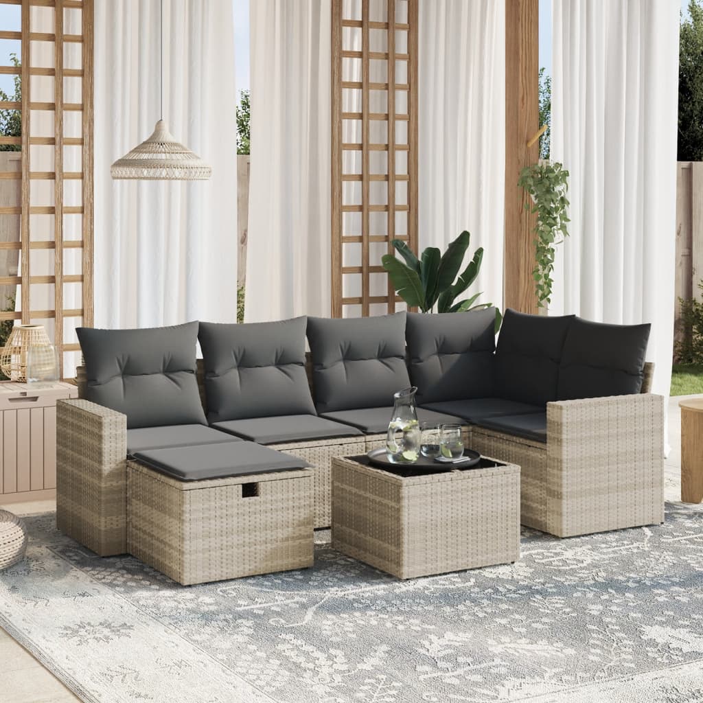Set Divani da Giardino 7pz con Cuscini Grigio Chiaro Polyrattan
