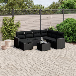 Set Divani da Giardino con Cuscini 8 pz Nero in Polyrattan