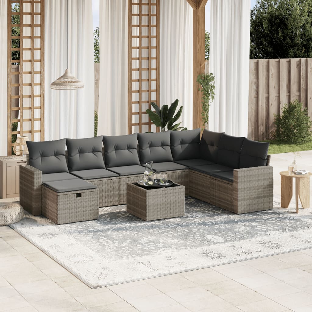 vidaXL Set Divano da Giardino 9pz con Cuscini Grigio Chiaro Polyrattan