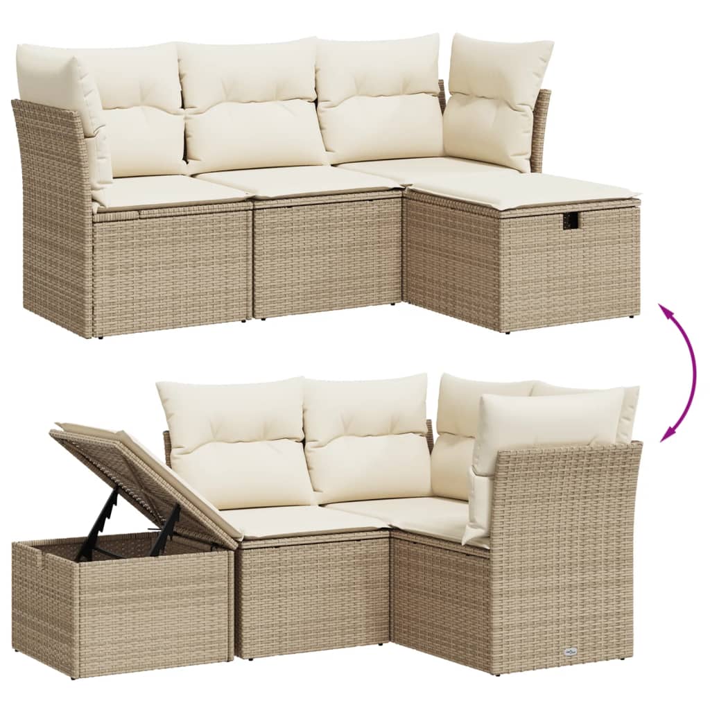 Set Divano da Giardino 4 pz con Cuscini-Sofa da Giardino-Divanetto da esterno Beige in Polyrattan 224062