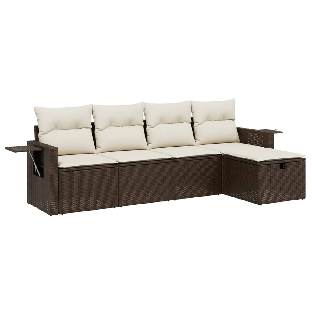 Set Divano da Giardino 5 pz con Cuscini-Sofa da Giardino-Divanetto da esterno Marrone in Polyrattan 444932