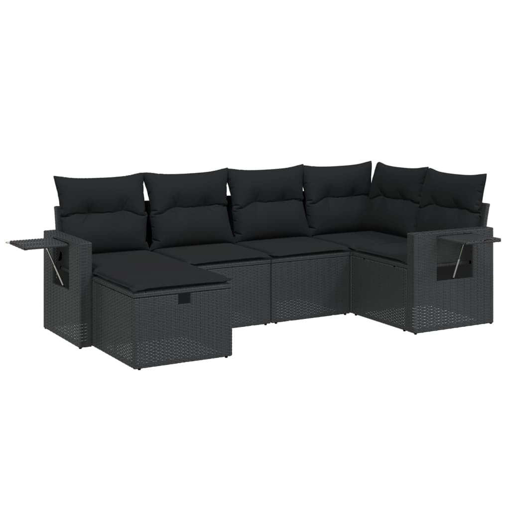 Set Divano da Giardino 6 pz con Cuscini Nero in Polyrattan
