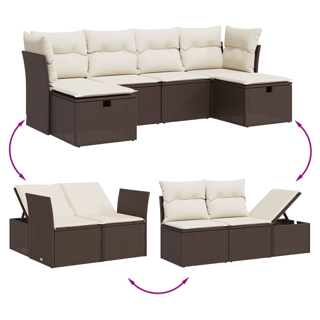 Set Divano da Giardino 6 pz con Cuscini-Sofa da Giardino-Divanetto da esterno Marrone in Polyrattan 347978