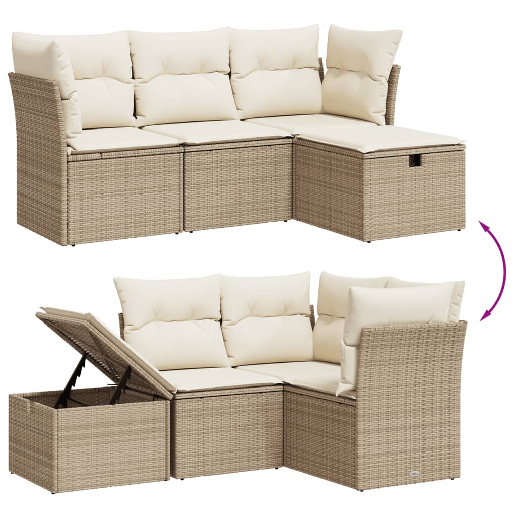 Set Divano da Giardino 4 pz con Cuscini Beige in Polyrattan