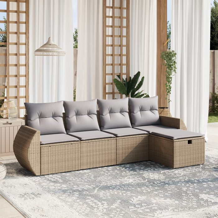 Set Divano da Giardino 5 pz con Cuscini-Sofa da Giardino-Divanetto da esterno Beige Misto Polyrattan 877192