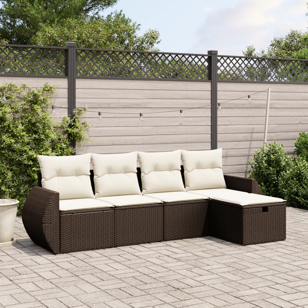 Set Divano da Giardino 5 pz con Cuscini-Sofa da Giardino-Divanetto da esterno Marrone in Polyrattan 329850