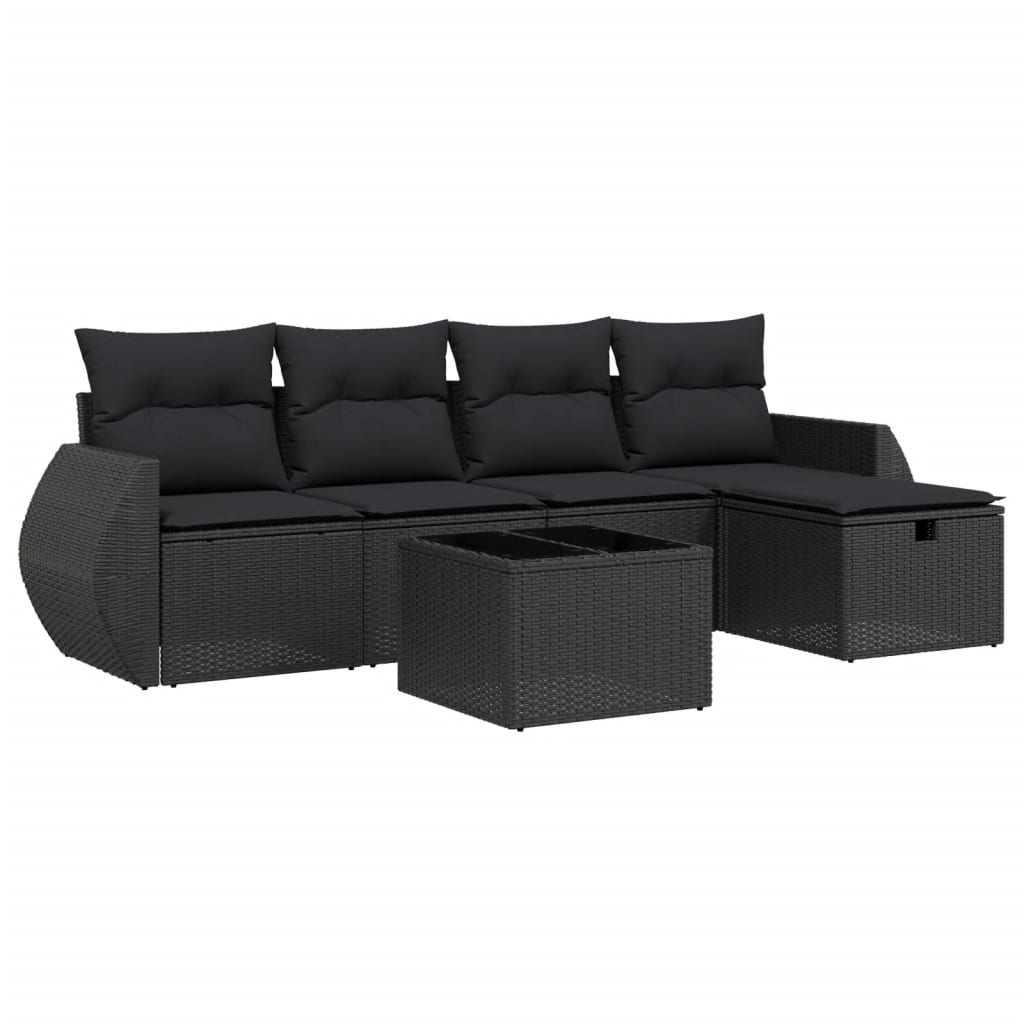 Set Divano da Giardino 6 pz con Cuscini Nero in Polyrattan