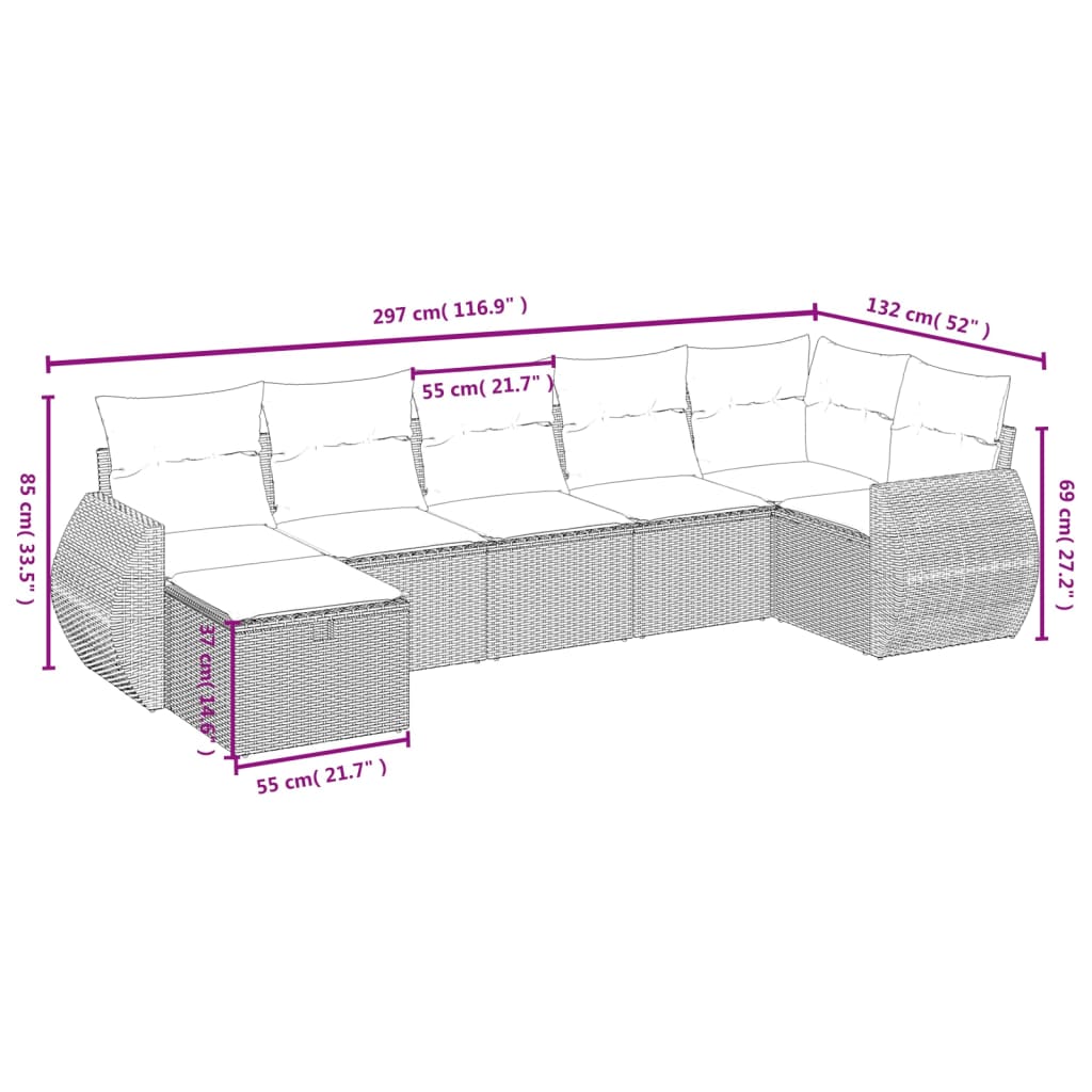 Set Divani da Giardino 7pz con Cuscini Grigio Chiaro Polyrattan