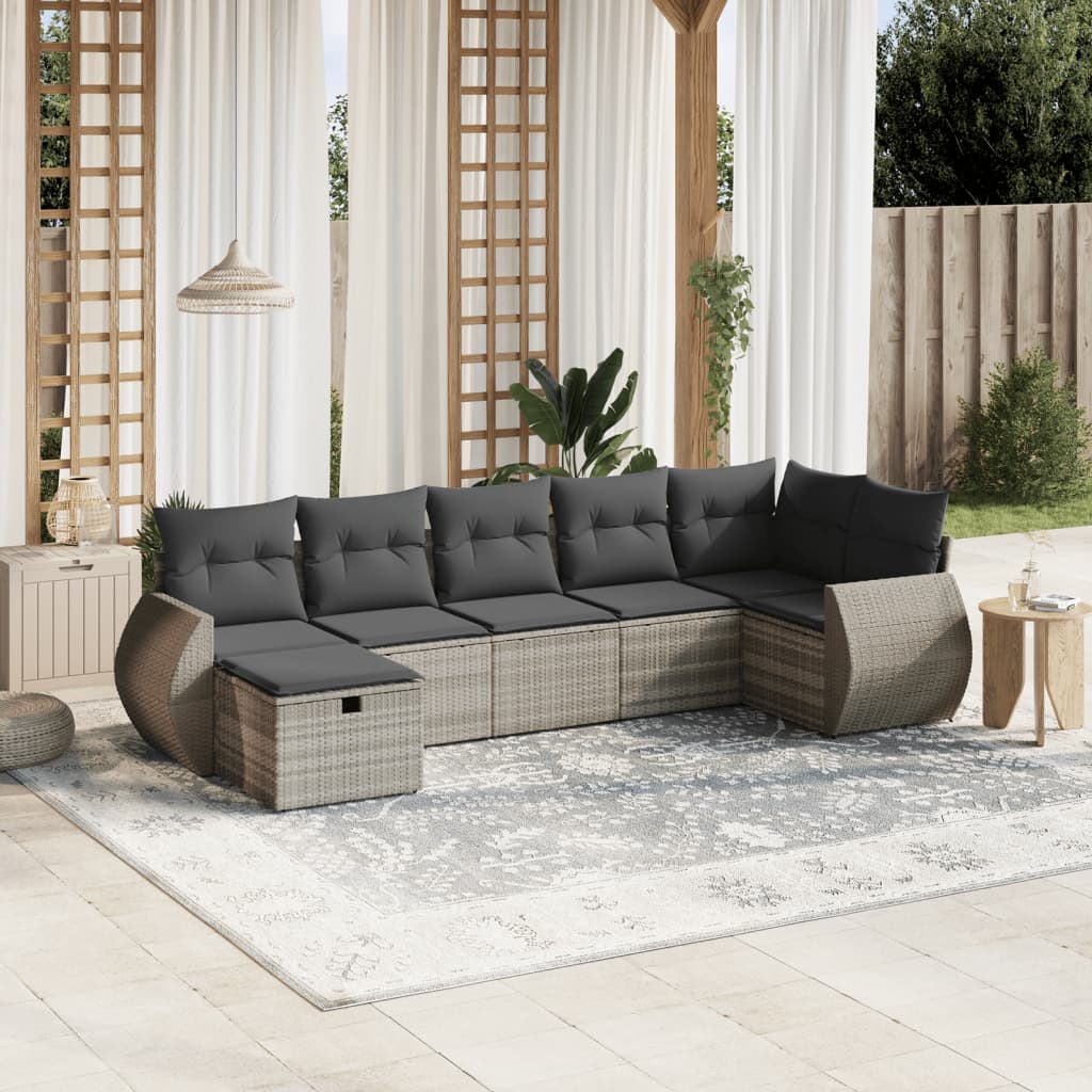 Set Divani da Giardino 7pz con Cuscini Grigio Chiaro Polyrattan