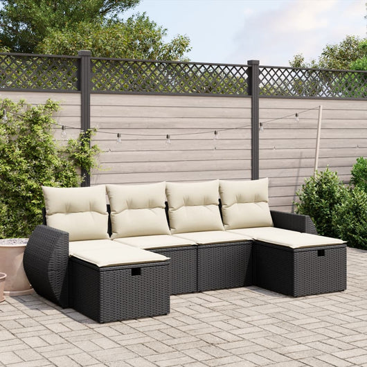 Set Divano da Giardino 6 pz con Cuscini Nero in Polyrattan