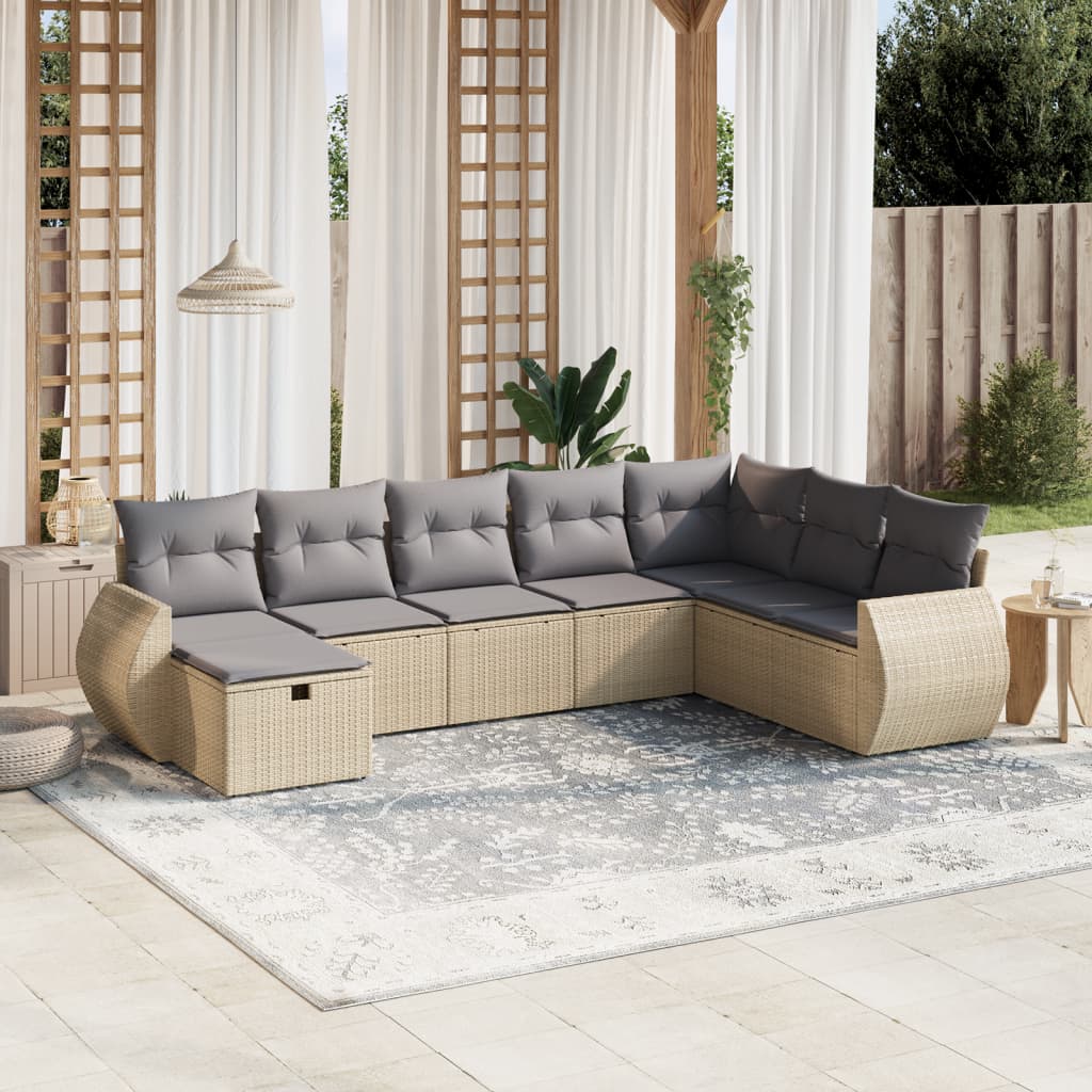 Set Divano da Giardino 8 pz con Cuscini Beige Misto Polyrattan