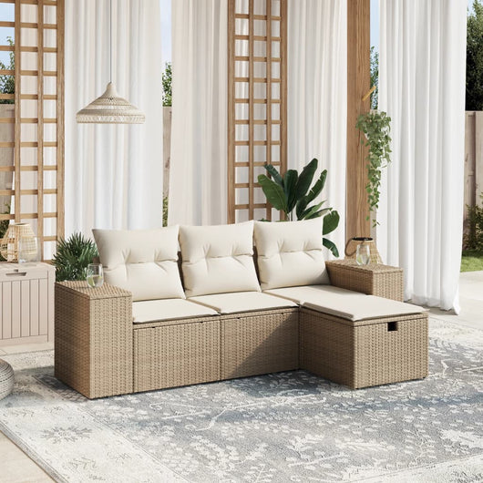 Set Divano da Giardino 4 pz con Cuscini Beige in Polyrattan