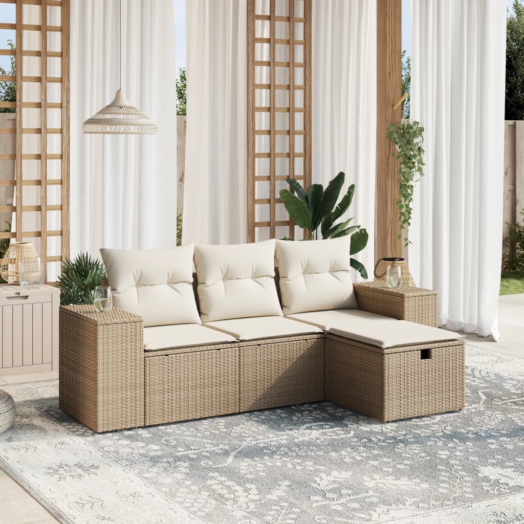 Set Divano da Giardino 4 pz con Cuscini-Sofa da Giardino-Divanetto da esterno Beige in Polyrattan 142458