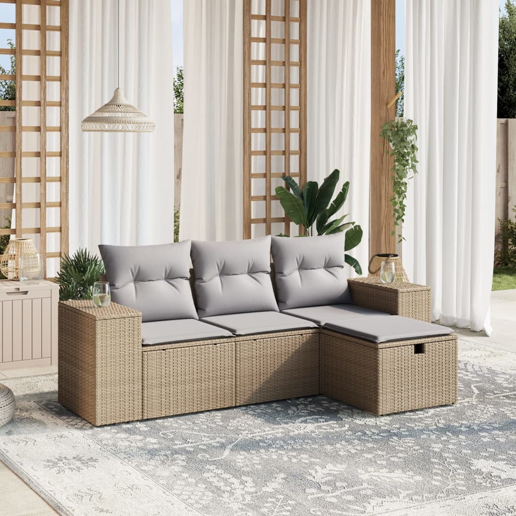 Set Divano da Giardino 4 pz con Cuscini-Sofa da Giardino-Divanetto da esterno Beige Misto Polyrattan 315607