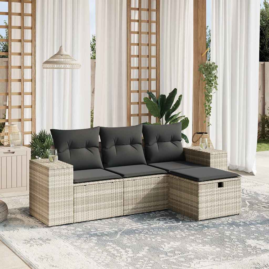Set Divano da Giardino 4 pz con Cuscini-Sofa da Giardino-Divanetto da esterno Grigio Chiaro Polyrattan 297211