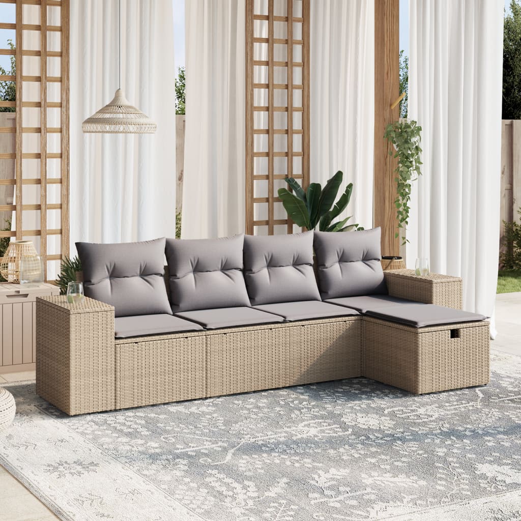 Set Divano da Giardino 5 pz con Cuscini-Sofa da Giardino-Divanetto da esterno Beige Misto Polyrattan 376446