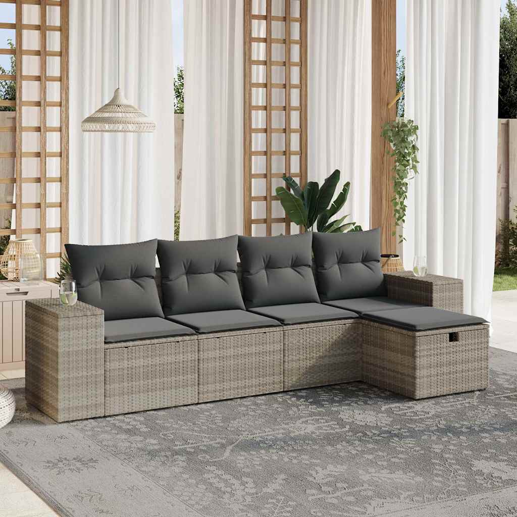 Set Divano da Giardino 5pz con Cuscini-Sofa da Giardino-Divanetto da esterno Grigio Chiaro Polyrattan 215636