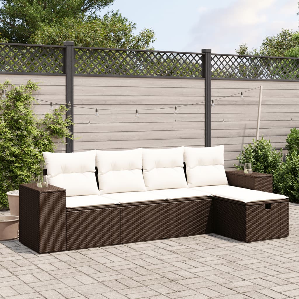 Set Divano da Giardino 5 pz con Cuscini-Sofa da Giardino-Divanetto da esterno Marrone in Polyrattan 811031
