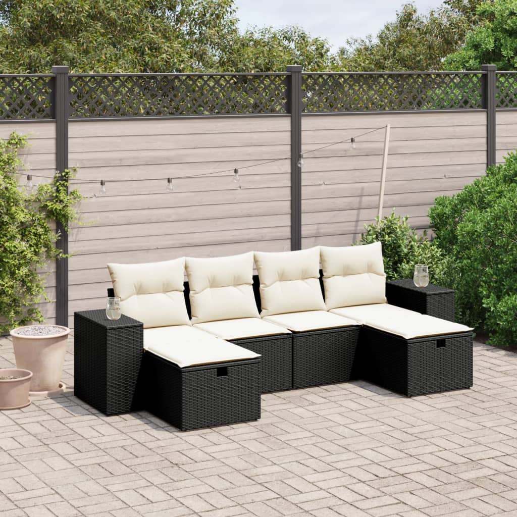Set Divano da Giardino 6 pz con Cuscini-Sofa da Giardino-Divanetto da esterno Nero in Polyrattan 264353