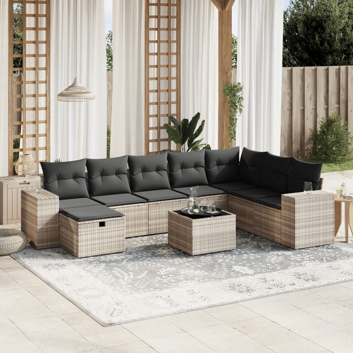 Set Divano da Giardino 9pz con Cuscini Grigio Chiaro Polyrattan
