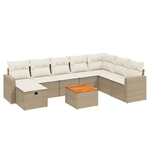 Set Divano da Giardino 9 pz con Cuscini Beige in Polyrattan