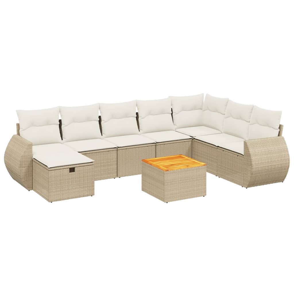 Set Divano da Giardino 9 pz con Cuscini Beige in Polyrattan