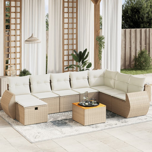 Set Divano da Giardino 9 pz con Cuscini Beige in Polyrattan