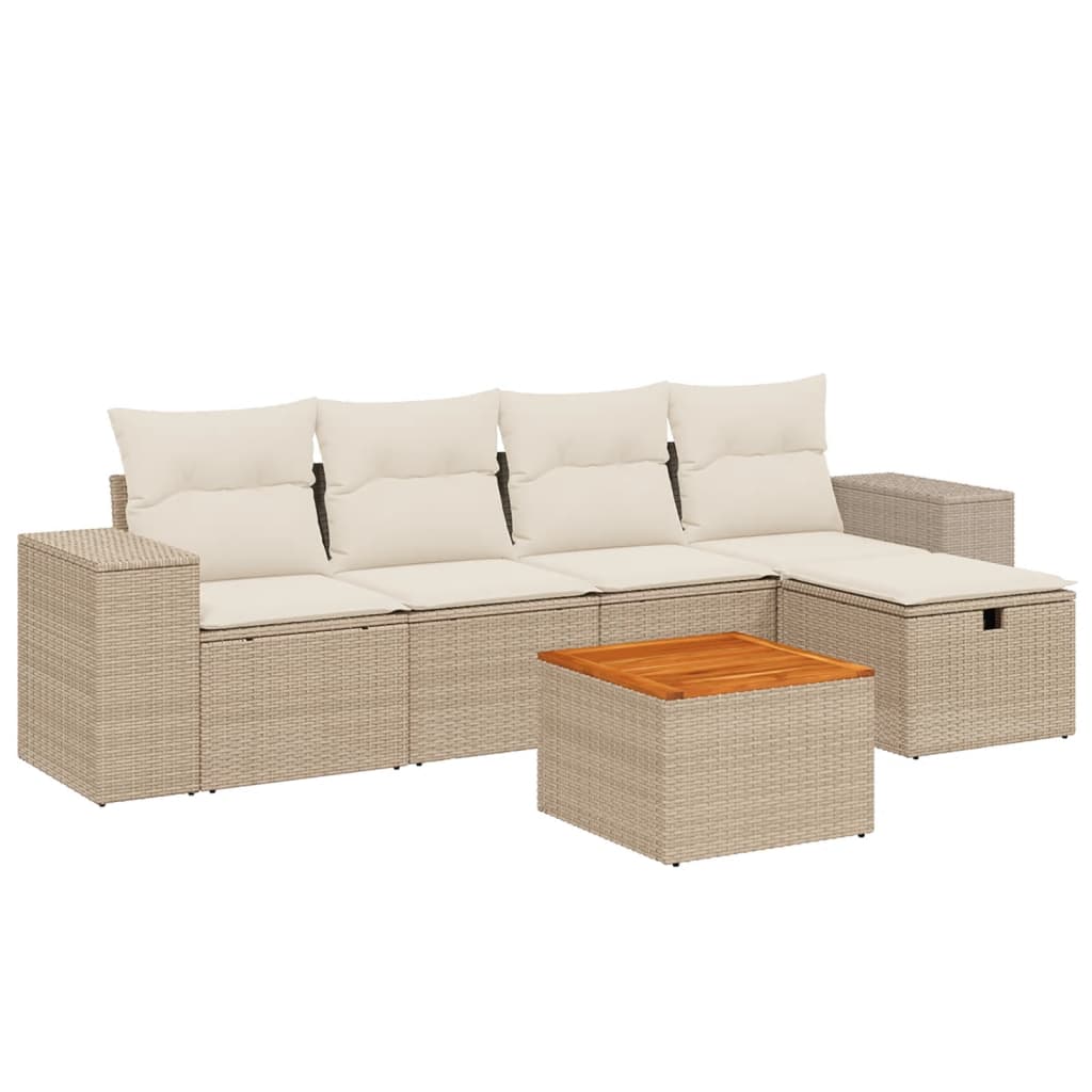 Set Divano da Giardino 6 pz con Cuscini Beige in Polyrattan