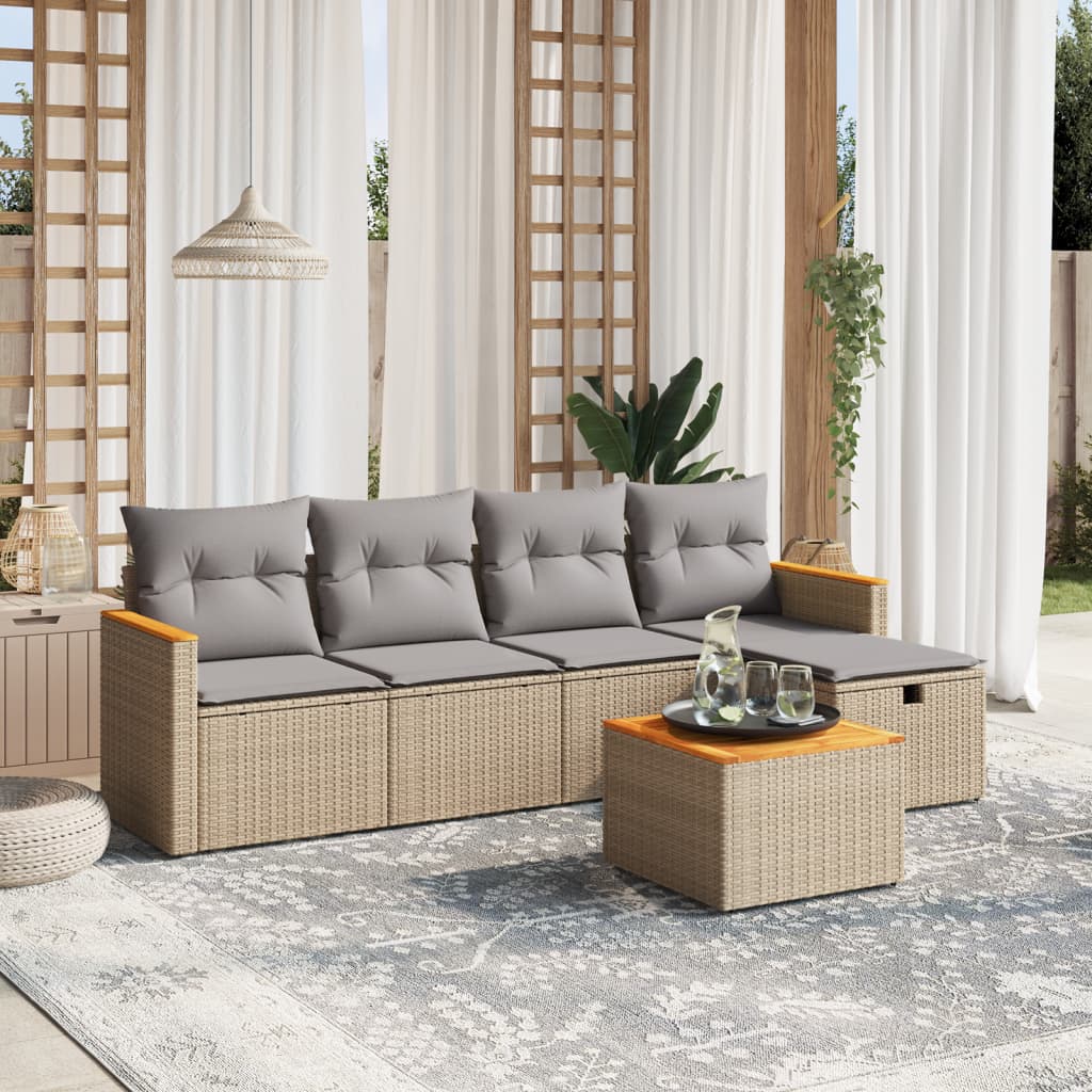 Set Divano da Giardino 6 pz con Cuscini Beige Misto Polyrattan