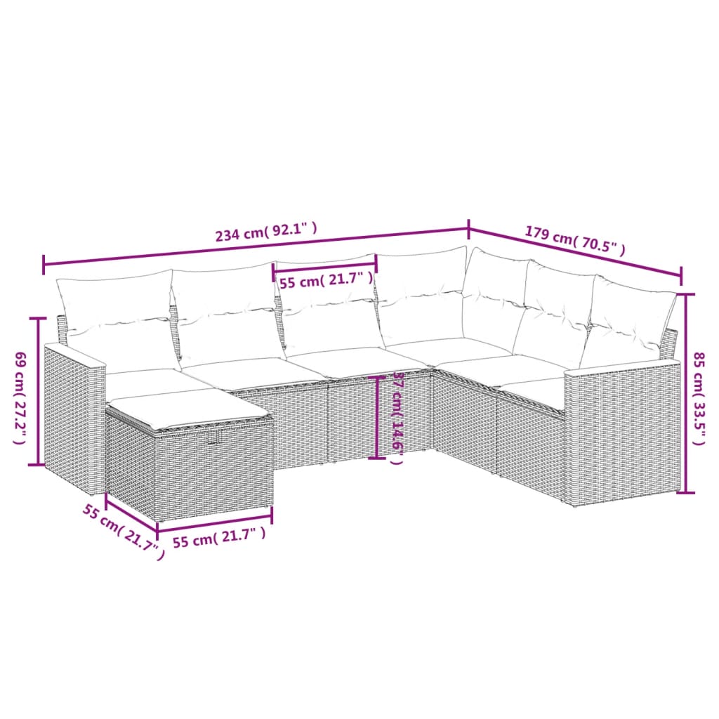 Set Divani da Giardino 7 pz con Cuscini Grigio in Polyrattan