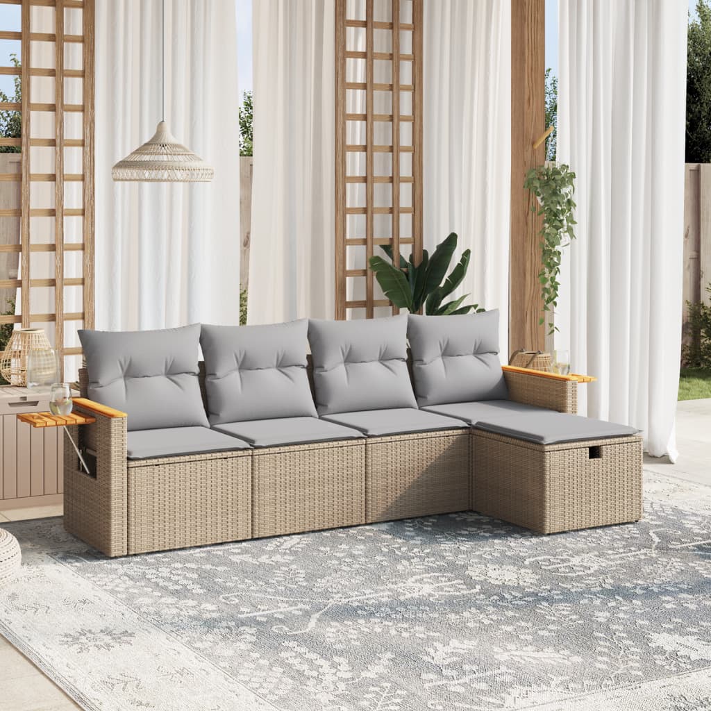 Set Divano da Giardino 5 pz con Cuscini-Sofa da Giardino-Divanetto da esterno Beige Misto Polyrattan 547726