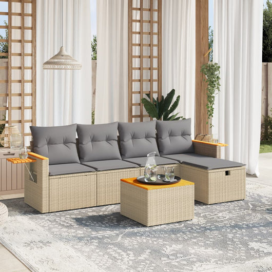 Set Divano da Giardino 6 pz con Cuscini Beige Misto Polyrattan