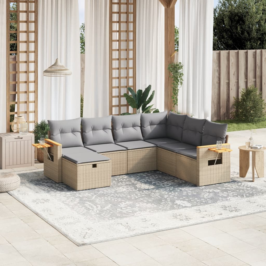 Set Divano da Giardino 7 pz con Cuscini Beige Misto Polyrattan