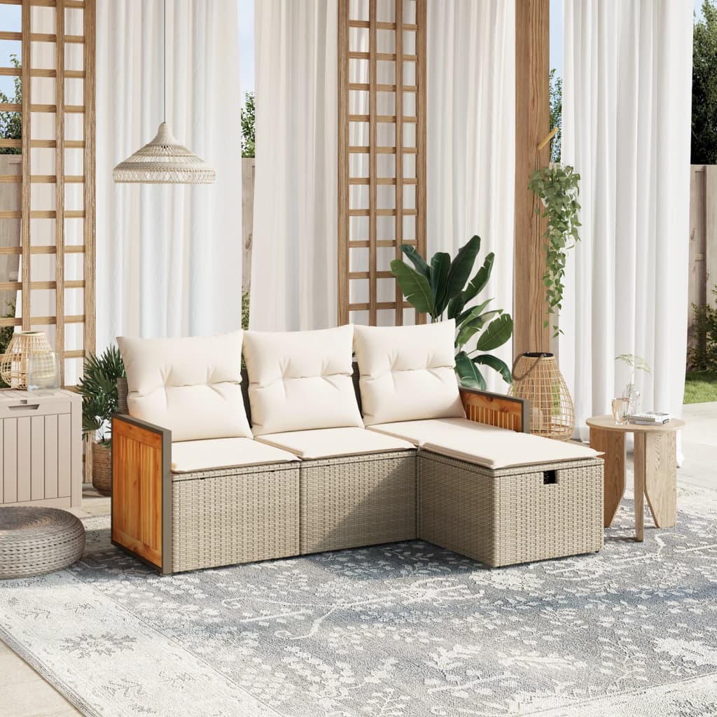 Set Divano da Giardino 4 pz con Cuscini-Sofa da Giardino-Divanetto da esterno Beige in Polyrattan 387873