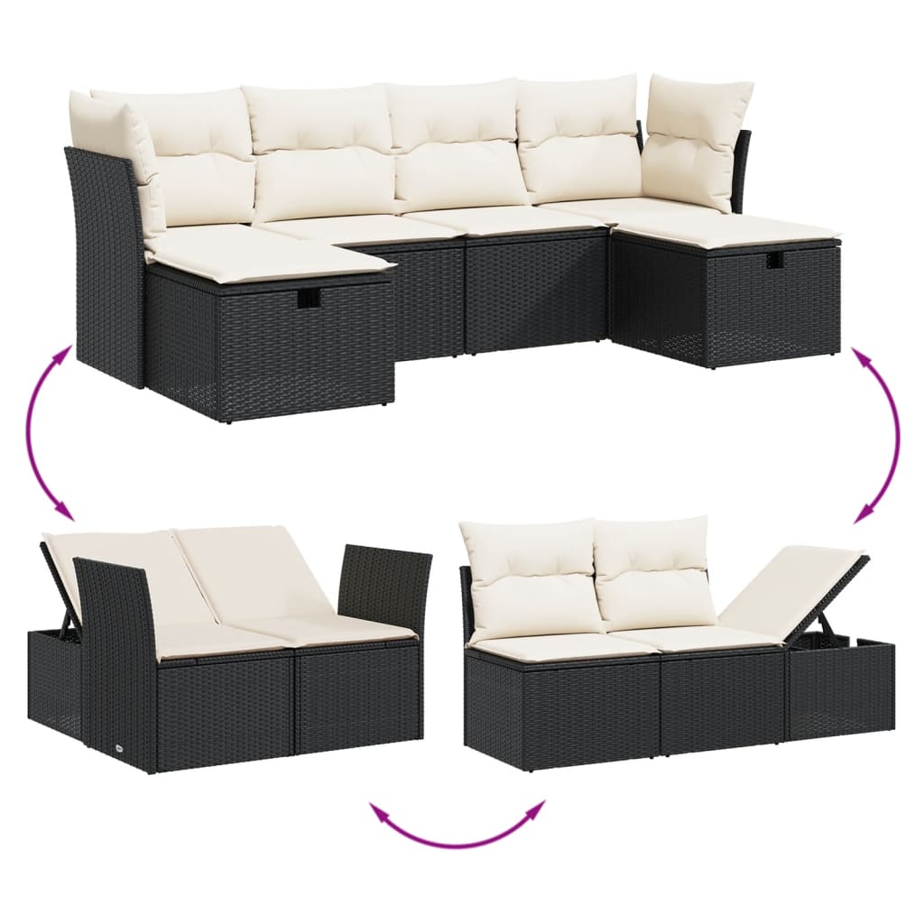 Set Divano da Giardino 6 pz con Cuscini-Sofa da Giardino-Divanetto da esterno Nero in Polyrattan 671377