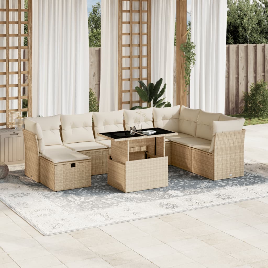 vidaXL Set Divano da Giardino 9 pz con Cuscini Beige in Polyrattan