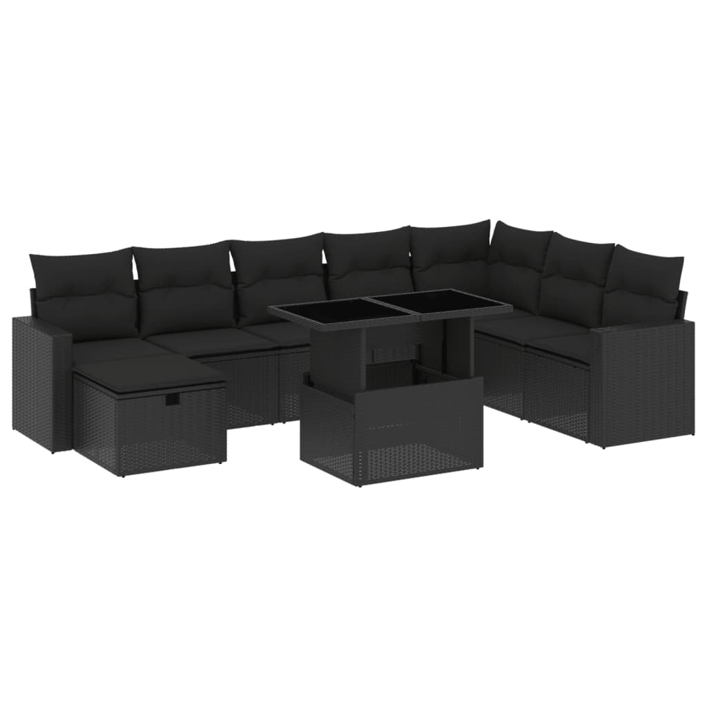 Set Divani da Giardino 9 pz con Cuscini Nero in Polyrattan