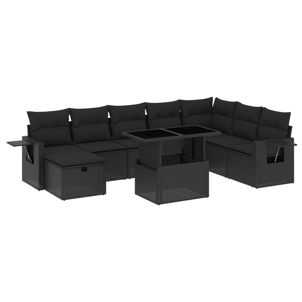 Set Divani da Giardino 9 pz con Cuscini Nero in Polyrattan