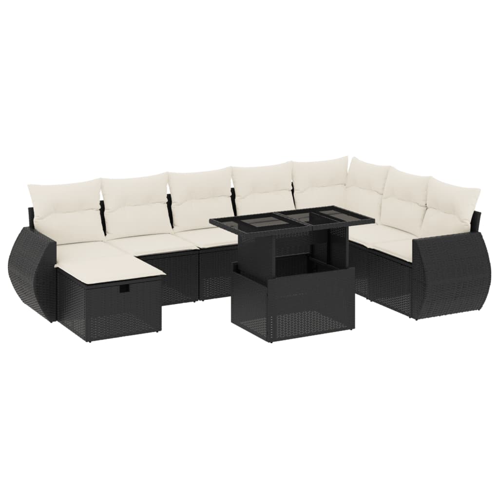 Set Divani da Giardino 9 pz con Cuscini Nero in Polyrattan 3275186