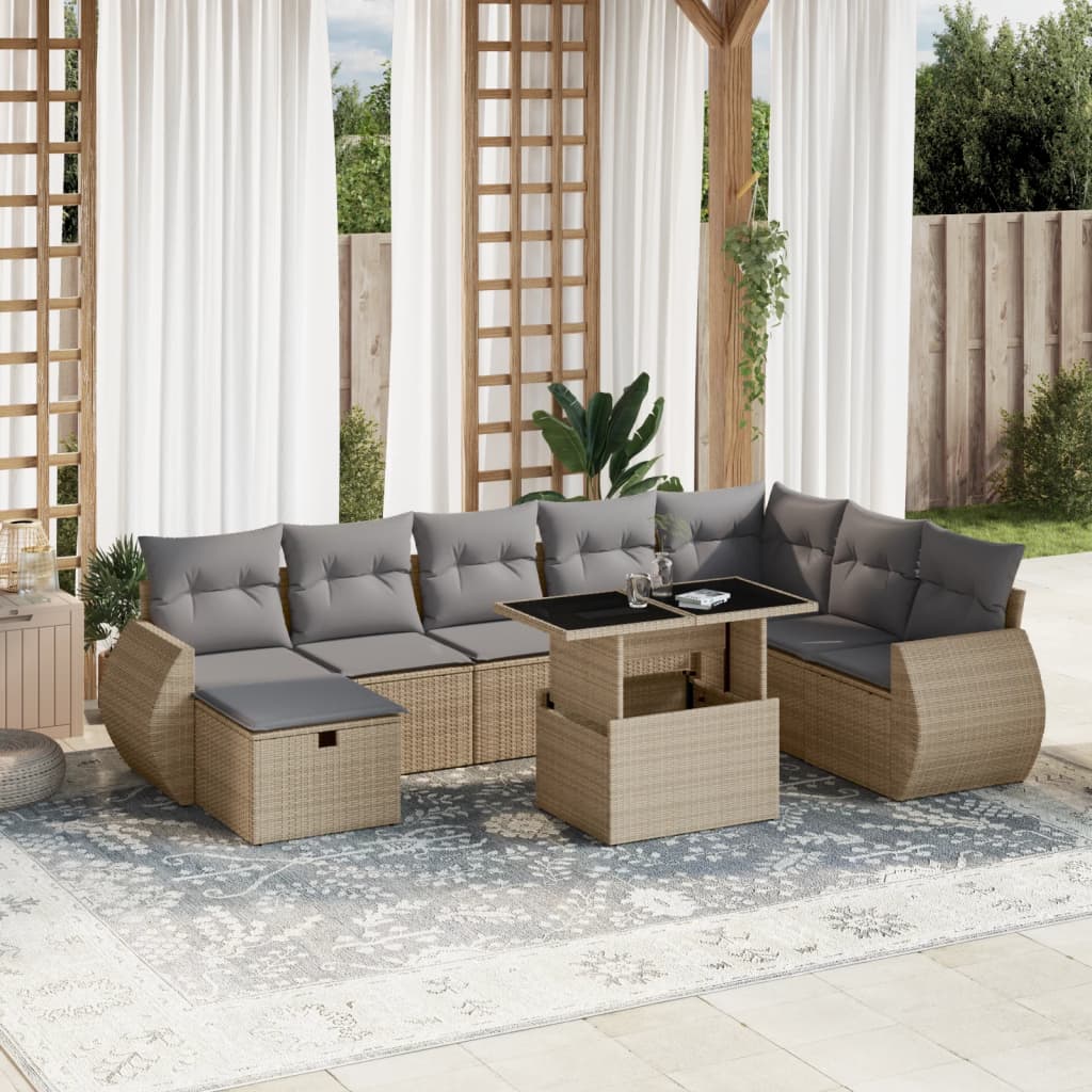 Set Divano da Giardino 9 pz con Cuscini Beige in Polyrattan
